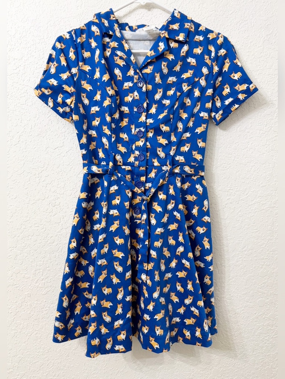 Blue Short-Sleeve Collared Dress with Corgi Print